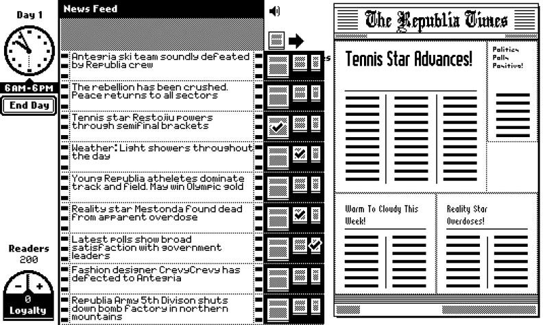 The Republia Times. Перед тем как сделать свою&amp;nbsp;Papers, Please&amp;nbsp;Лукас Поп занимался флеш разработкой. В первой его игре вы выступали в роли редактора газеты в тоталитарном государстве. Вы должны были выбирать какие новости печать, как их располагать на газете, сколько места им выделять. Для её создания он использовал фреймворк Flixel.