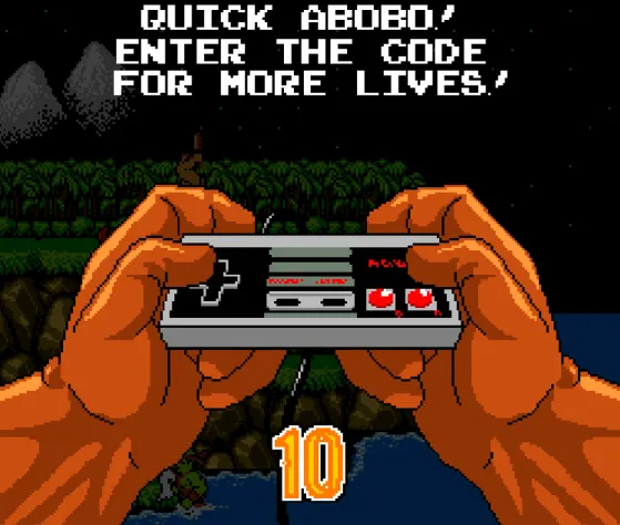 Если у вас кончатся стартовые жизни на уровне посвешённой Contra, то запустится очень занятная катсцена, в которой вам необходимо будет ввести чит код для дополнительных жизней. Если вы не знаете что за код нужно вводить то не беспокойтесь, игра вам скажет какие кнопки нажимать по истечению таймера.