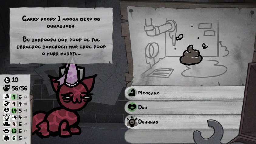 Ням-Ням, выглядит очень аппетитно. (Текст непонятный, так как у кота отрицательные значения интеллекта, но тут и так понятно, что вариант с сердечком проверит способность индивида переварить непереваемое).