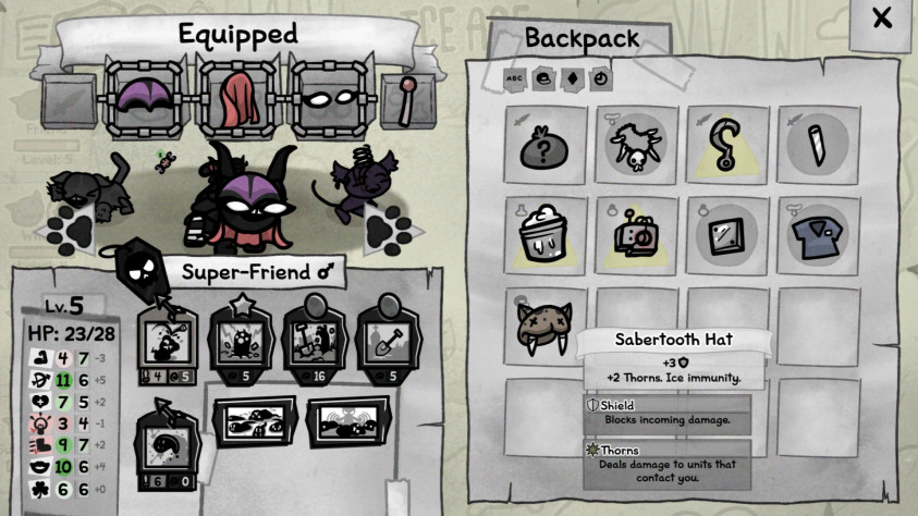 Коротко о вещах. В отличие от абилок, они значительно более однообразные нежели в Айзеке, и частно не особо интересные. Тем не менее они полезные, в каждой локации есть свой конкретный пул вещей, и если вы найдёте что-то редкое, эффект будет заметным. Также в игре есть комбо, которые порой обладают необычными эффектами, в конкретном примере мой кот по имени Friend надел сет супергероя, и помимо разного рода эффектов стал Super-Friend. Очень забавно.