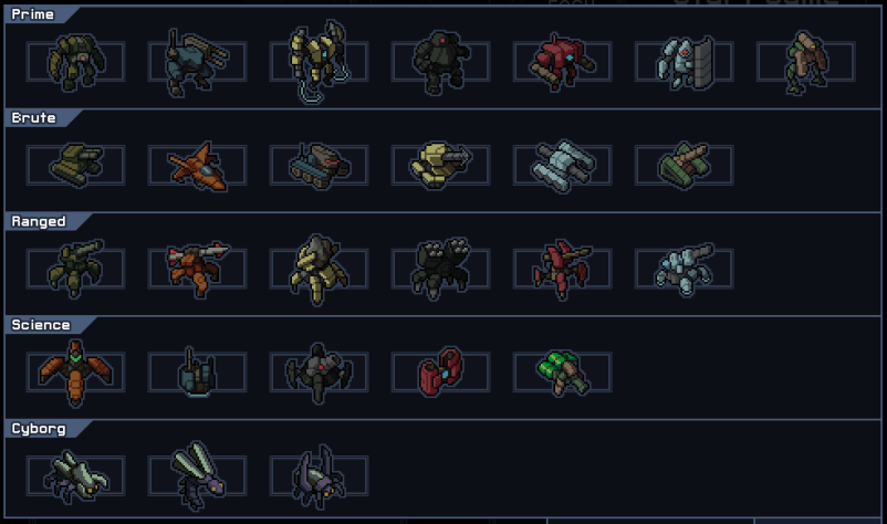 В ITB было всего 4 класса (жуки не считаются), при этом различия между ними фактически отсутствуют, вся разница - возможность носить оружие своего класса без штрафа к цене, так все мехи могут использовать любые способности.