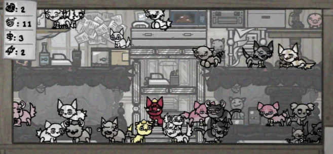 Вы без проблем можете держать всех котов в одной комнате, главное не первому числу в левом верхнем углу уйти сильно в минус, тогда коты перестанут заводить котят.