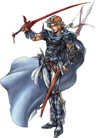 И вот его дизайн в Dissidia. К кровавому мечу добавился арсенал разных оружий, всё-таки во второй части была возможность прокачать навыки владения всеми оружиями, поэтому и дизайн персонажа учитывает эту механику. Фирион экипирован всем чем только можно, и по этой причине персонаж крайне медленный.