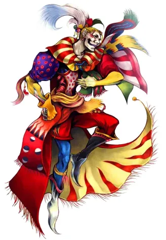 Kefka из Final Fantasy 6 был аналогично, не самым простым персонажем. Если с тем как за него нужно зонить врагов было достаточно просто, то полное отсутствие защитных опций могло привести к серьёзным трудностям против некоторых персонажей. (Кстати говоря, в игре были очень крутые арты)