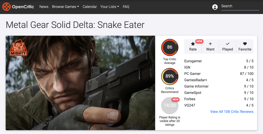 Оценки Metal Gear Solid Delta: Snake Eater на Opencritic