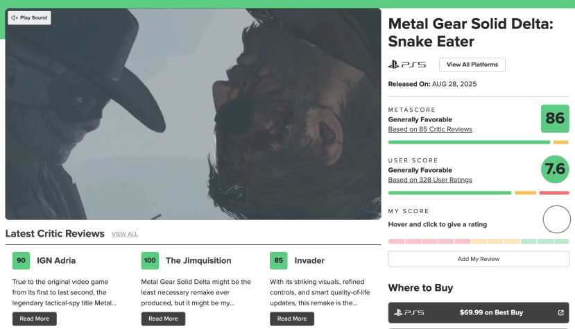 Оценки&amp;nbsp;Metal Gear Solid Delta: Snake Eater на Metacritic