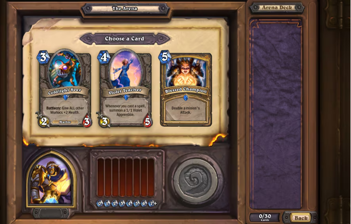 Как только герой выбран начинается выбор карт для колоды