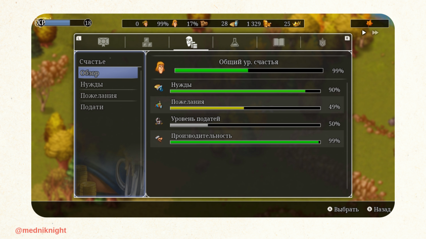 В этом меню коротко собраны все факторы, влияющие на уровень удовлетворённости населения. Если с вами за скотское отношение к люду простому не свергнут, то как минимум в вашем королевстве упадёт производительность.
