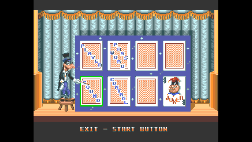 Атмосфера хороша даже в меню, где пункты выбора в нём - это игральные карты, на текущую из которых указывает не только обводка, но и Гуфи.