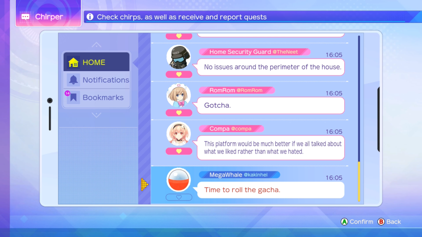 Также стоит отметить сломанный Chirper, пародия на одну соцсеть, в которой мы берём квесты и можем ставить лайки комментариям, влияя тем самым на шкалу share (см. ниже).&amp;nbsp;Так вот комменты приходят быстро, а чтобы поднять синюю полоску share - лайкаем комменты с синим текстом, розовую - с красным. В итоге уже в конце 3-ей главы синяя часть полоски была уже почти на максимуме.