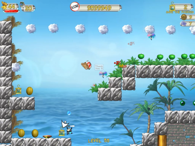 Летающий робот снизу - это один из врагов, откуда он выстреливает снаряд я не знаю