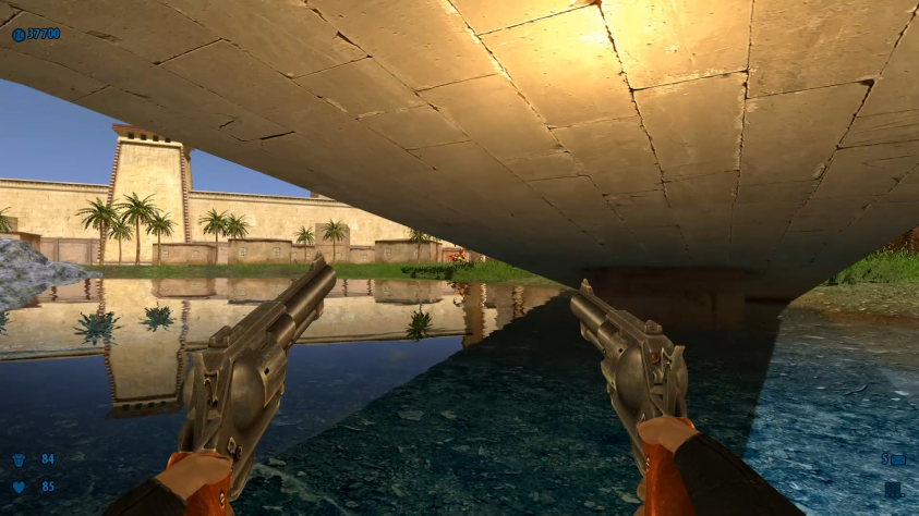 Там же: уже с двух пистолетов. Вот моё первое укрытие: мост.