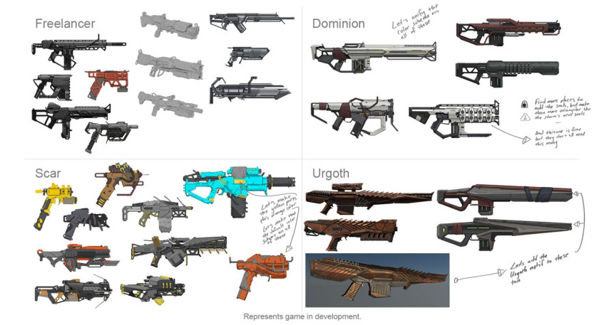 Концепт-арты нового оружия разных фракций.