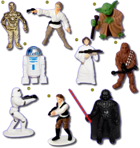  1. Си-3ПО (C-3PO);  2. Р2-Д2 (R2-D2); 3. Люк Скайокер (Luke Skywalker); 4. Принцесса Лея (Princess Leia); 5. Йода (Yoda); 6. Чубакка (Chewbakka); 7. Штурмовик (Stormtrooper); 8. Хан Соло (Han Solo); 9. Дарт Вейдер (Darth Vader);