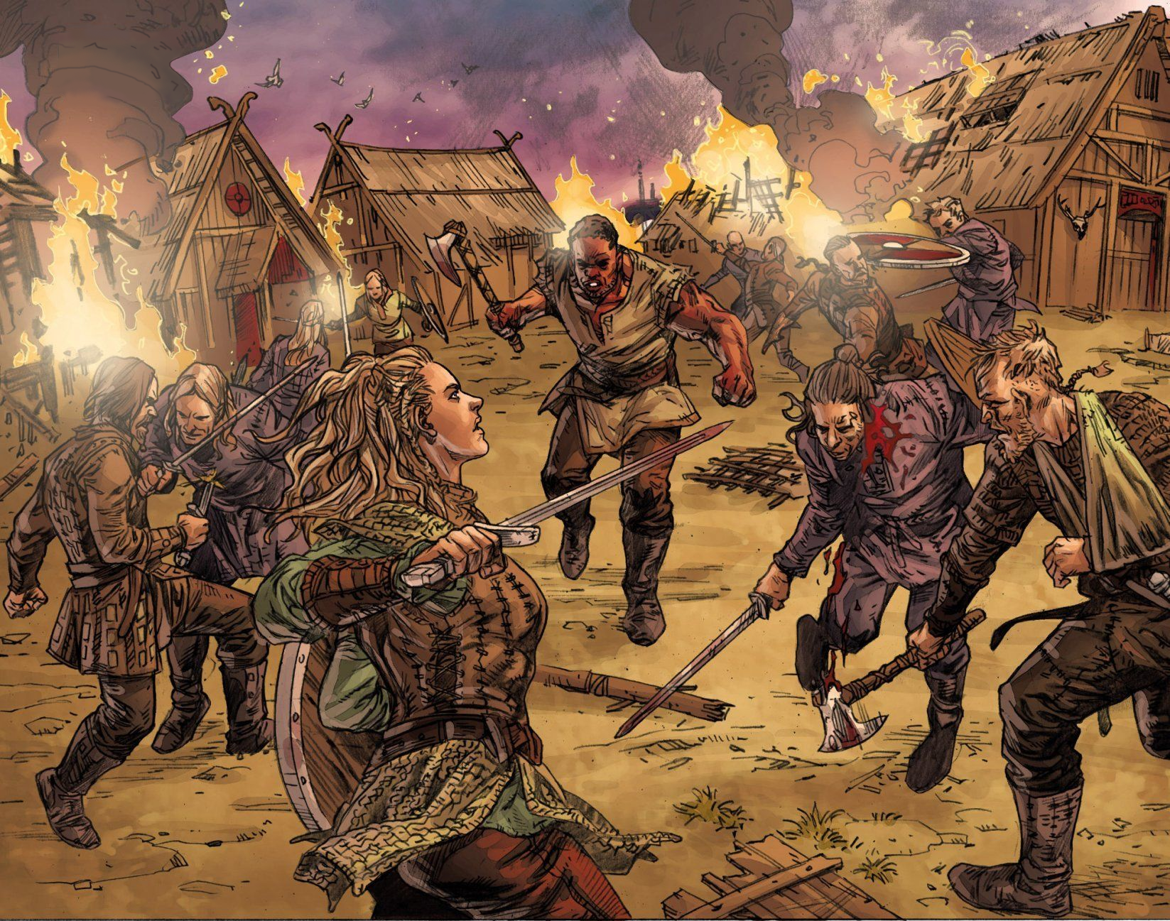 Нападения на село. Ютландия Викинги. Скандинавия Викинги штурмуют. Викинги атакуют. Средневековье арт.