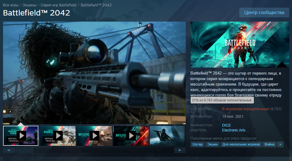 У Battlefield 2042 разгромные отзывы в Steam