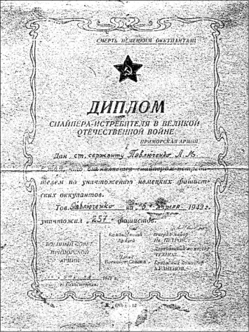 Диплом Людмилы Павличенко. 5&amp;nbsp;апреля 1942 год