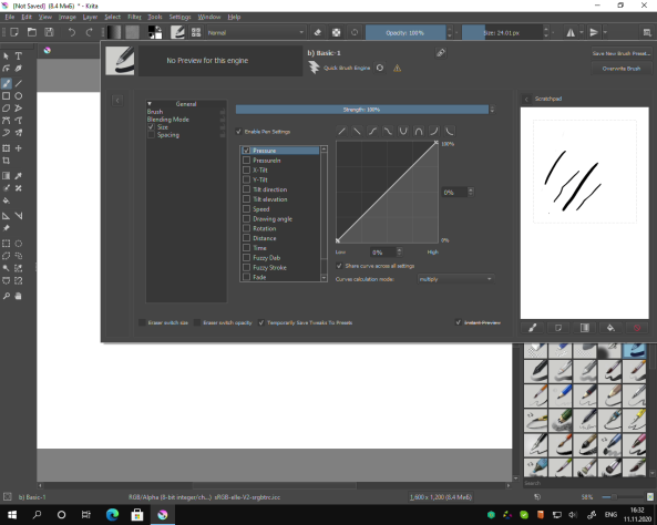 Вот так выглядят настройки для планшета в графическом редакторе Krita. Он бесплатный, хотя содержит множество инструментов для работы как с растровой, так и векторной графикой. Впрочем, мне он кажется слишком навороченным - так что я предпочитаю GIMP для редактирования обычных изображений и Inkscape для работы в &quot;векторе&quot;.