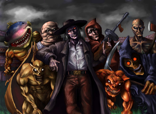 Слева-направо: Gill Beast, Stone Gargoyle, Butcher, Caleb, Cultist, Cerberus, Phantasm, Zombie