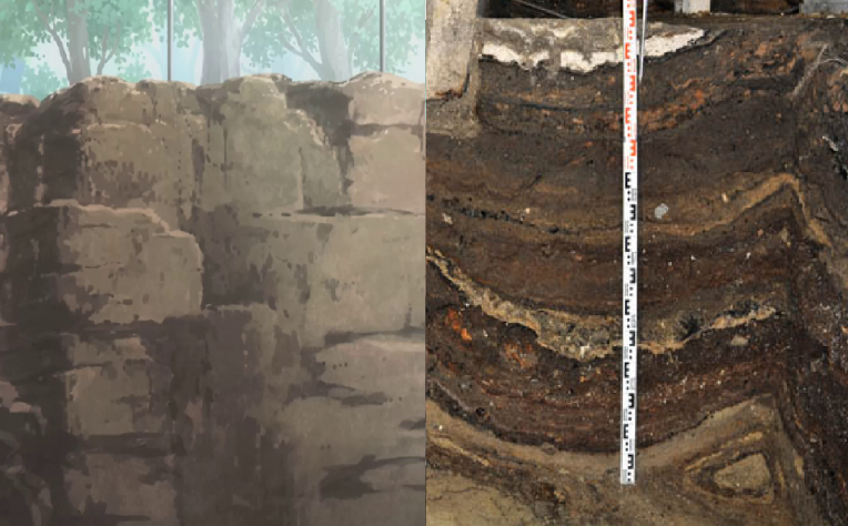 Слева – аниме, справа – фото стенки реального раскопа.