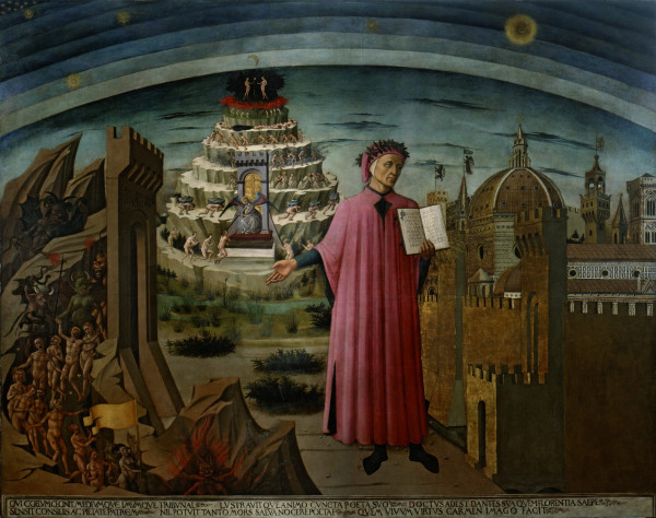 Данте, держащий копию своего великого произведения на&amp;nbsp;фреске Доменико ди&amp;nbsp;Микелино, 1465