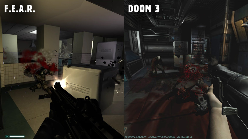 В то время как F.E.A.R. не
боится награждать игрока за стрельбу обильными спецэффектами, Doom 3 не сподобится даже на искры при стрельбе по металлическим
поверхностям. Что печально.