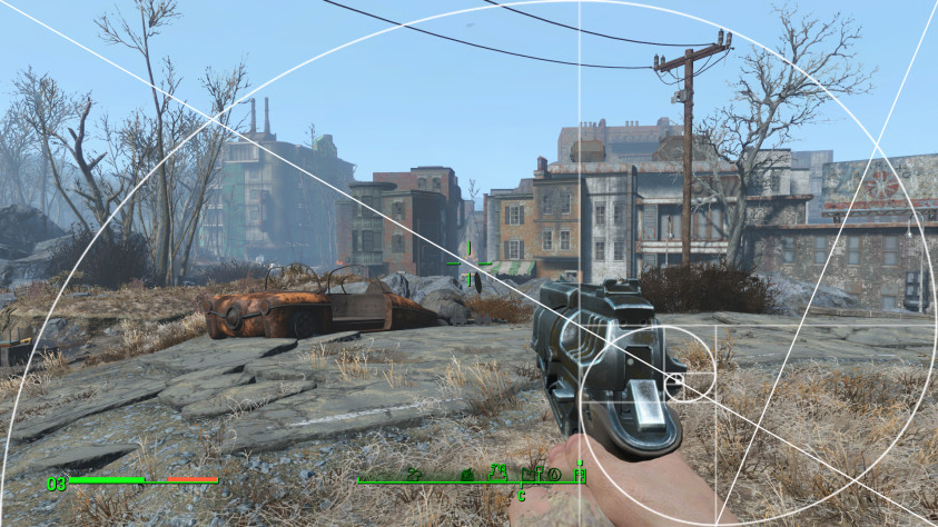 А это пистолет в Fallout 4. Здесь всё так, как и должно быть: диагональ пересекает канал ствола, а пятый квадрат отделяет заднюю часть от боковой.