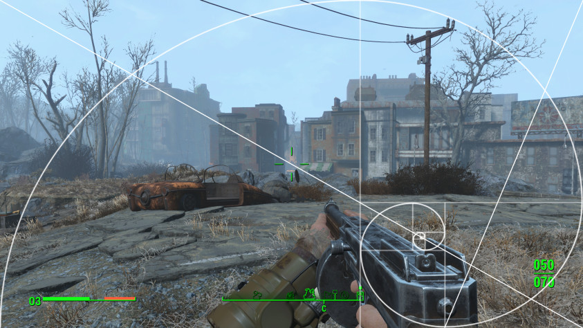 А это &quot;Томмиган&quot; в Fallout 4. Здесь всё далеко не так идеально, как с пистолетом, но определённые принципы прослеживаются: задняя часть разделена вертикальной линией (той, что самая правая) напополам, весь ствол разделён другой вертикальной линией (той, что самая левая) напополам, а восьмой квадрат делает угол правой плашке целика.
