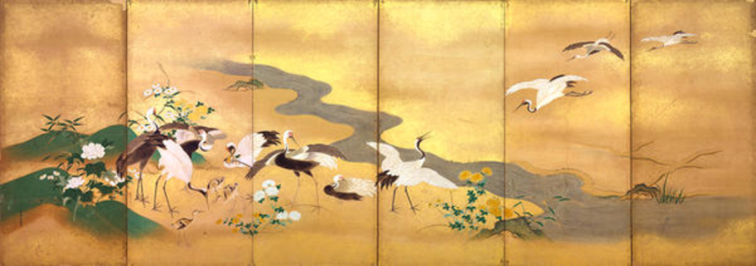 Кано Эйсюку. Хризантемы и журавли. Парная шестистворчатая двухсторонняя ширма. 18 век&amp;nbsp;