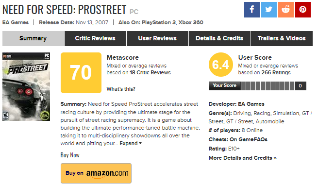 Оценки Prostreet на&amp;nbsp;Metacritic.