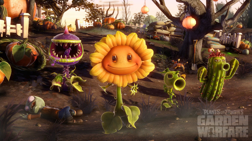 Слева направо — зубастик, подсолнух, горохострел и кактус в мультиплеерном боевике Plants vs. Zombies: Garden Warfare (2014).