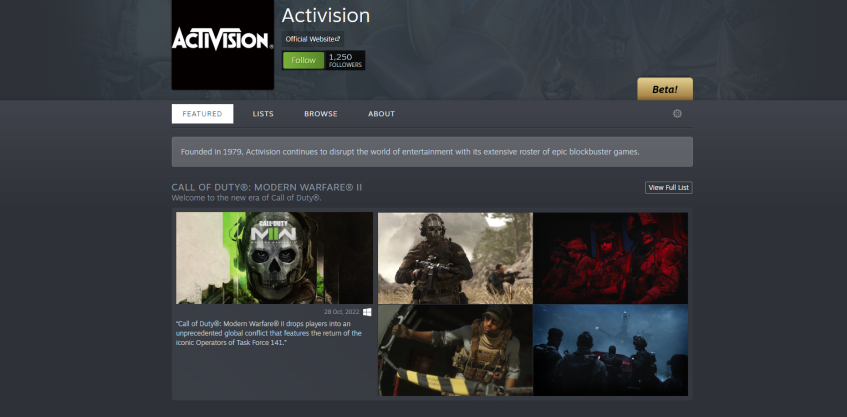 Международная версия издательской страницы Activision в Steam.