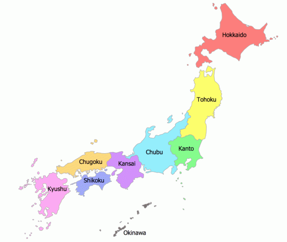 Карта регионов Японии (смотрим на Тюбу и Кансай)