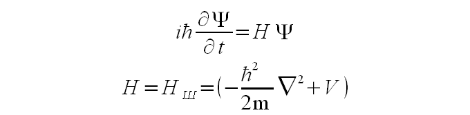Уравнение Шредингера описывает поведение частицы в потенциальном поле V. Но только если её скорость много меньше скорости света, а спин её равен нулю.