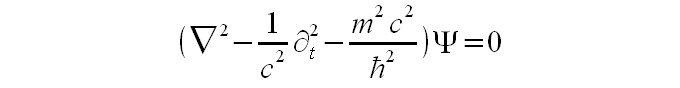 Уравнение Кляйна-Гордона-Фока — это обобщение уравнения Шредингена, которое согласуется с теорией относительности, но без произвольного потенциального поля. Если скорость частицы пренебрежимо мала по сравнению со скоростью света, то решения уравнения будут такими же, как решения уравнения Шредингера, если V=0