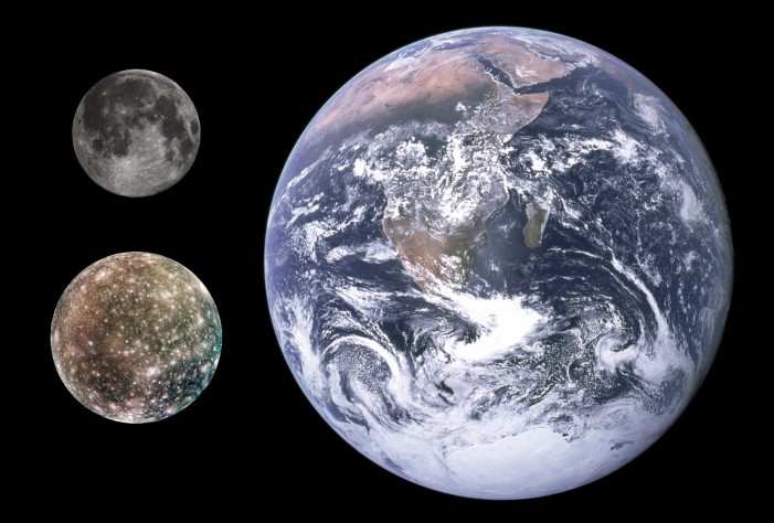 Сравнение размеров Каллисто (слева внизу) с
Луной и Землёй.