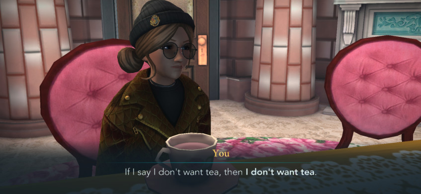 В одном из сюжетных заданий мадам Амбридж предложила мне свой знаменитый чай. Памятуя о судьбе Чжоу, я отказалась, но можно и выпить, что приведёт к забавной сцене.