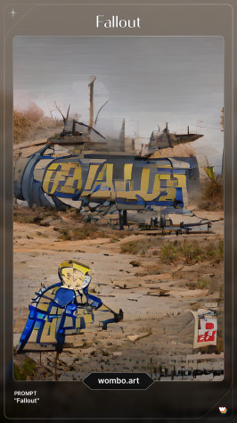 Как вы возможно уже понял, сетка находит в сети информацию для генерации картинки. Тут мы видим абстрактного Волт-Боя. Попытку написать Fallout. И пустынный ландшафт.