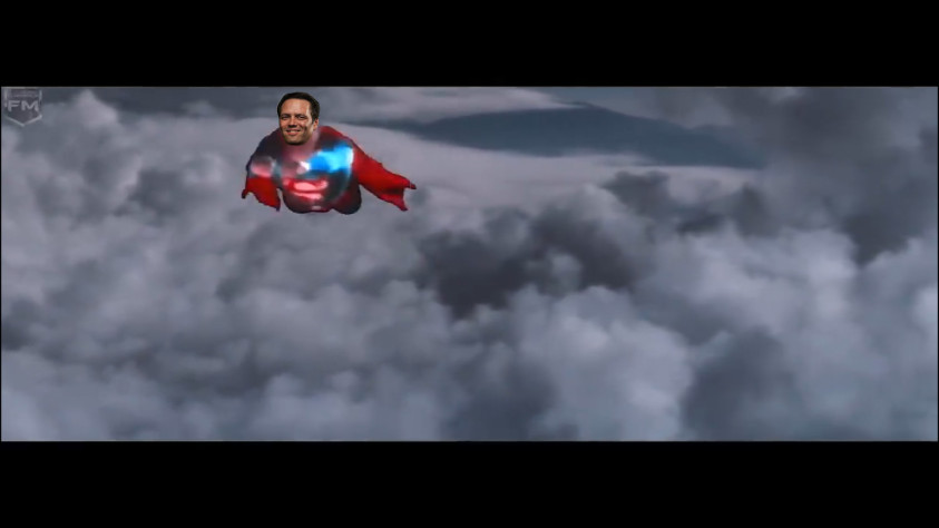 Фил в костюме супермена улетает спасать мир.
