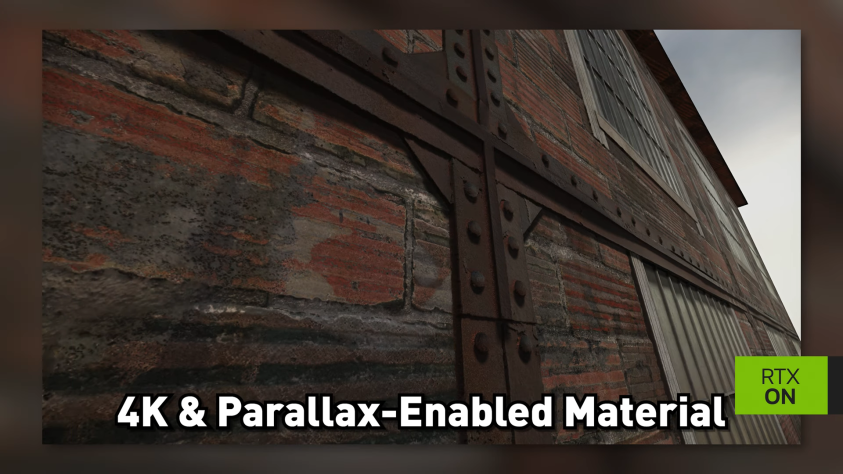 Новая стена с parallax occlusion, 4K-текстурами и самозатенением через трассировку путей.