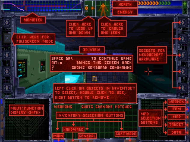 Приветственный экран с подсказками оригинального System Shock.