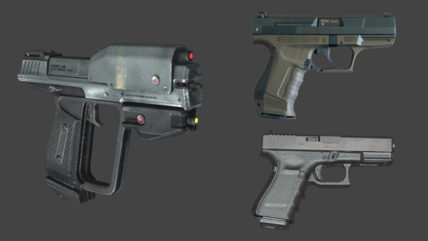 Пистолет V6C Magnum (слева) в Halo по своим характеристикам похож сразу на несколько стволов: по дизайну - Glock 19 (снизу) и немецкий Valter 99 (сверху).