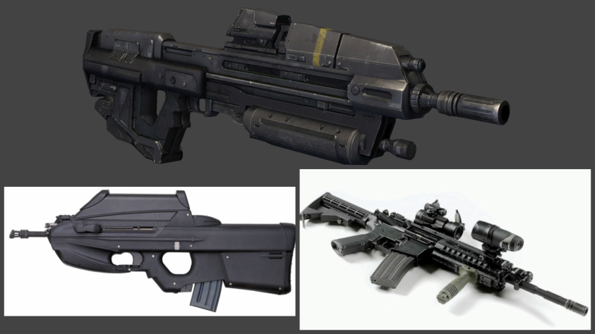 МА5 (сверху) форм-фактором напоминает бельгийский FN F2000 (слева), а по своим качествам и популярности в рядах солдат - американскую М4 (справа)