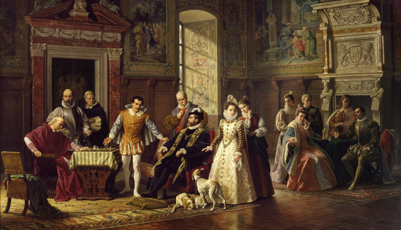 Луиджи Муссини (Luigi Mussini), «Шахматный турнир при дворе короля Испании». Картина была закончена в 1883 году, но изображает сцену из конца XVI века.