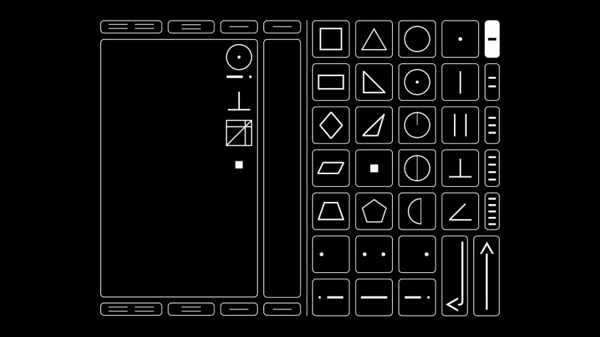 Интерфейс инопланетного компьютера: правая часть — ввод вопросов, левая — вывод. Читается сетианский сверху вниз, справа налево. Круг с точкой в центре означает «я», тире с точкой — обязательный разделитель между подлежащим и сказуемым, перевёрнутая буква Т — отрицание, последние два символа — «высота» и «место», что вместе означает «понимать» (контринтуитивно, но логично, если задуматься). Вся фраза целиком — «Я не понимаю».