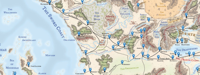 Интерактивная карта Фаэруна. События рудников происходят чуть севернее, но я специально взял ракурс на Baldur&#039;s Gate ведь скоро здесь будет настоящее веселье.
