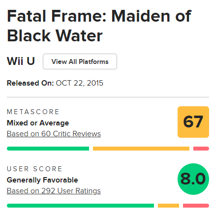 В это раз я даже зашёл ради интереса на Metacritic посмотреть пользовательскую оценку, и не сказать, что она заметно отличается от оценки Fatal Frame 2, самой высокооценённой части по версии критиков и игроков. И, нет, мне неинтересны рецензии игровых журналистов, знаем мы, что та же IGN поставила God Hand. Худшее ревью в истории. Хуже только обзоры ремастера RE 0 от Игромании и Metroid Dread от DTF.