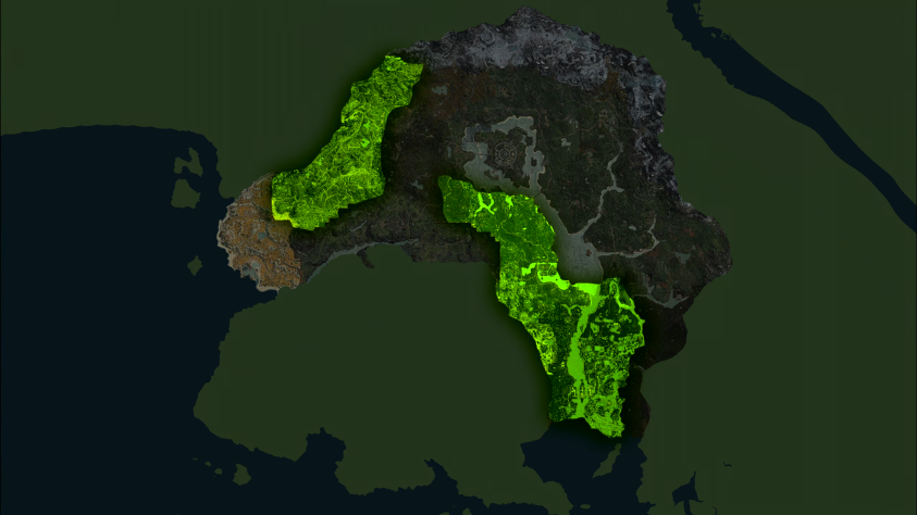 Зелёным отмечены области, где выстроены карты&amp;nbsp;NavMesh.