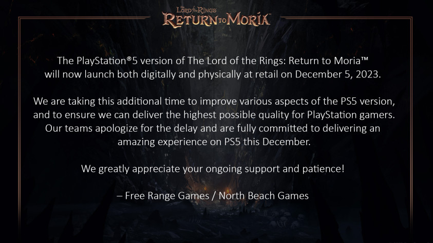 «Версия The Lord of the Rings: Return to Moria для PS5 теперь выйдет в „цифре“ и на носителях 5 декабря 2023 года».