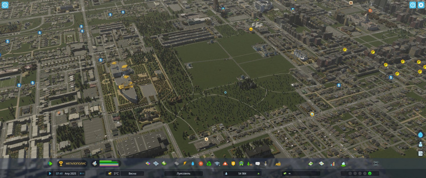 Вот такой костыльный «парк» у меня получилось построить там, где он должен был быть, используя несколько зданий с деревьями и обычные тропинки.